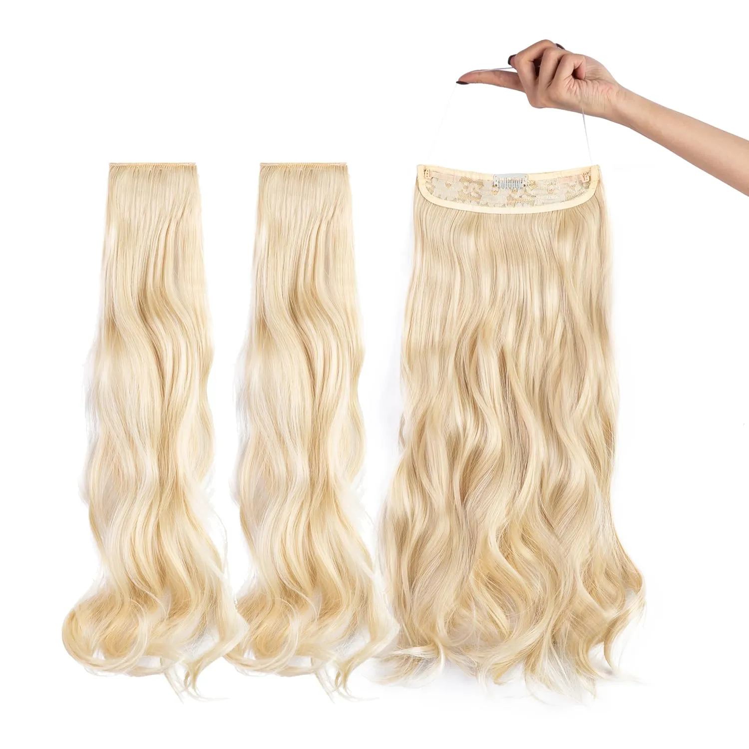 Upgrade Invisible Halo Hair Extensions with 3 PCS Set Headband Adjustable Long Wavy Secret Dark Brown Wire Hair Extensions for Women