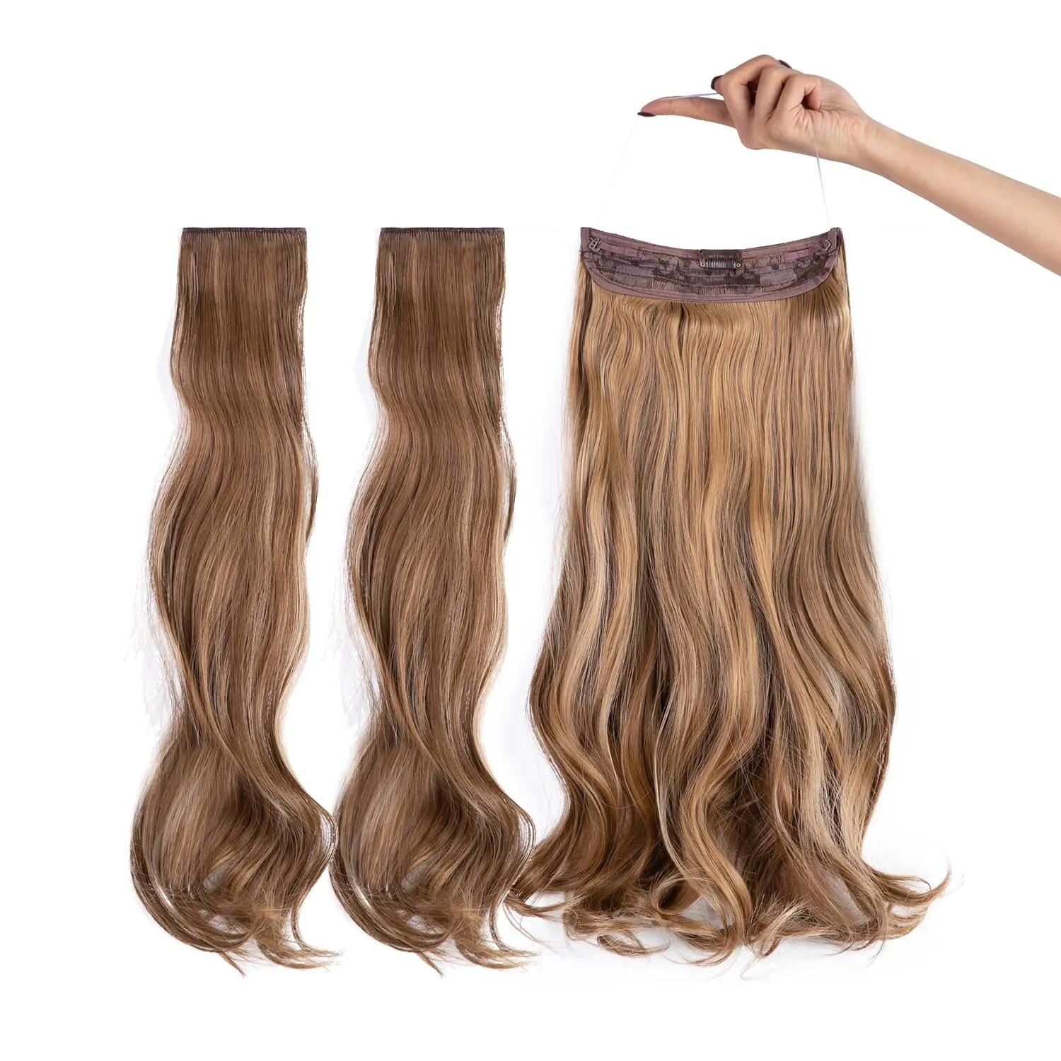 Upgrade Invisible Halo Hair Extensions with 3 PCS Set Headband Adjustable Long Wavy Secret Golden Brown Mix Light Ash Blonde Hair Extensions for Women