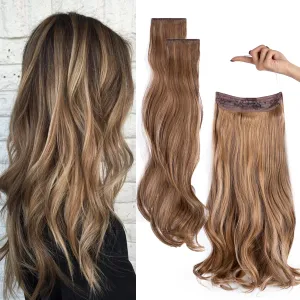 Upgrade Invisible Halo Hair Extensions with 3 PCS Set Headband Adjustable Long Wavy Secret Golden Brown Mix Light Ash Blonde Hair Extensions for Women