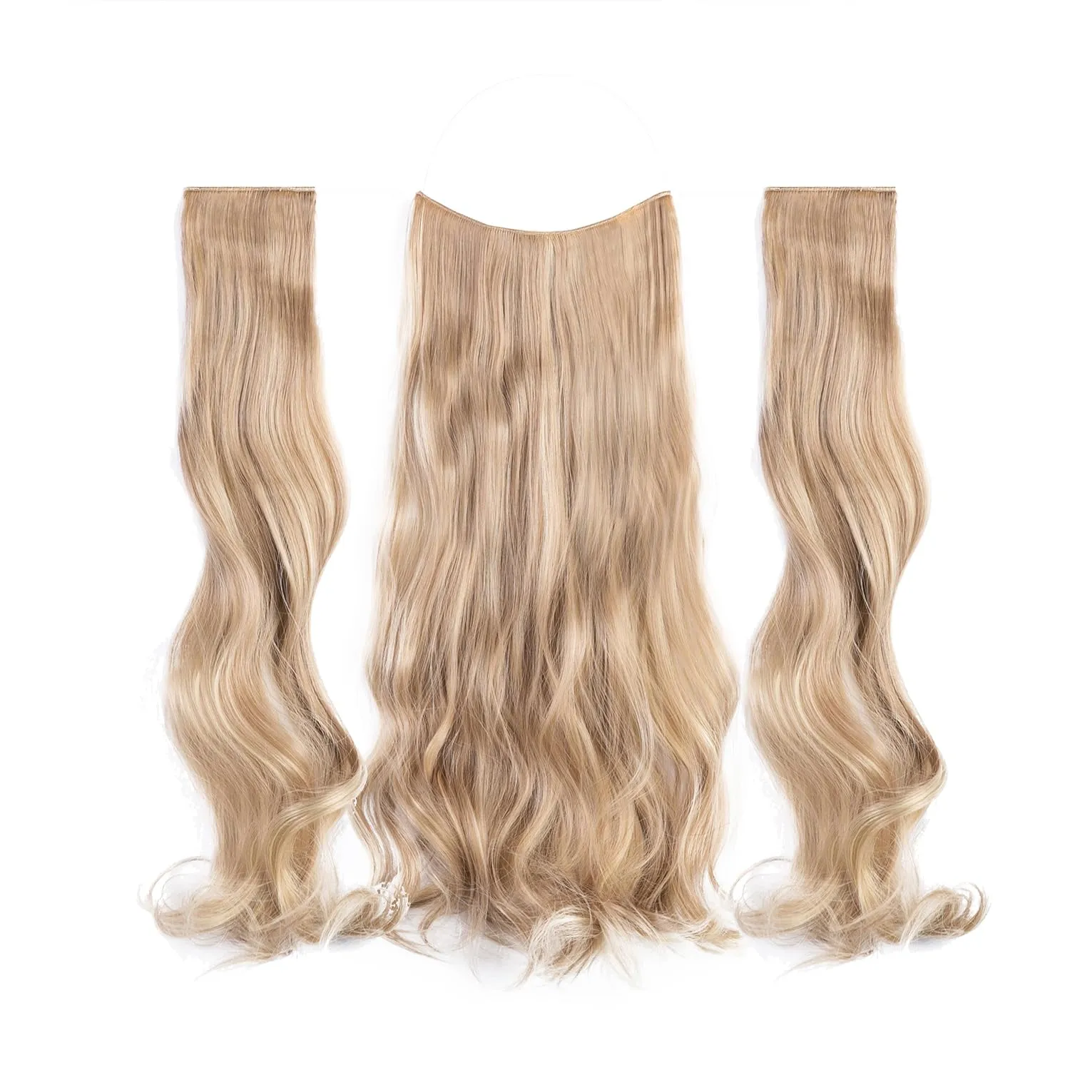 Upgrade Invisible Halo Hair Extensions with 3 PCS Set Headband Adjustable Long Wavy Secret Light Blonde & Bleach Blonde Hair Extensions for Women