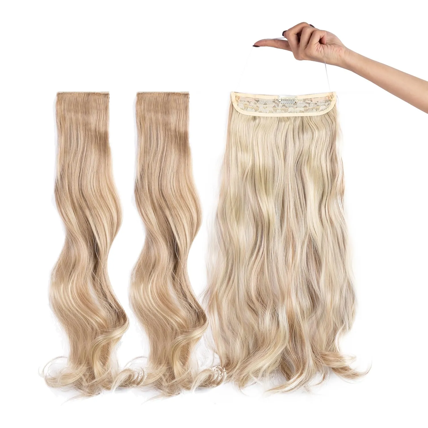 Upgrade Invisible Halo Hair Extensions with 3 PCS Set Headband Adjustable Long Wavy Secret Light Blonde & Bleach Blonde Hair Extensions for Women