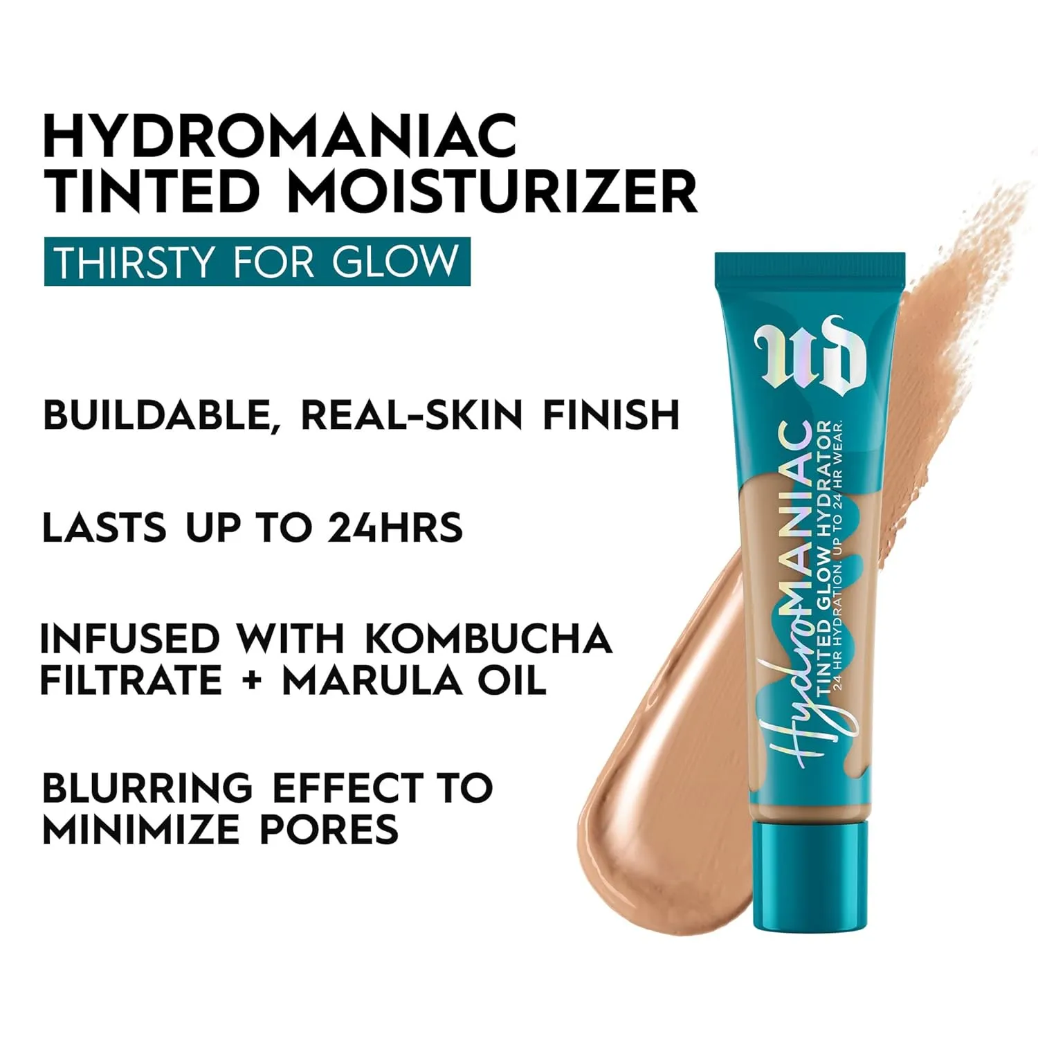 Urban Decay Hydromaniac Dewy Foundation, Hydrating Tinted Moisturizer for Dry Skin, Buildable Medium Coverage, with Kombucha Filtrate & Marula Oil, Non-comedogenic, Vegan, Cruelty-free - 1.1 fl oz