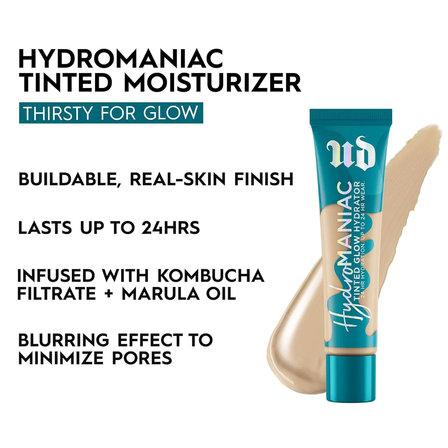 Urban Decay Hydromaniac Dewy Foundation, Hydrating Tinted Moisturizer for Dry Skin, Buildable Medium Coverage, with Kombucha Filtrate & Marula Oil, Non-comedogenic, Vegan, Cruelty-free - 1.1 fl oz