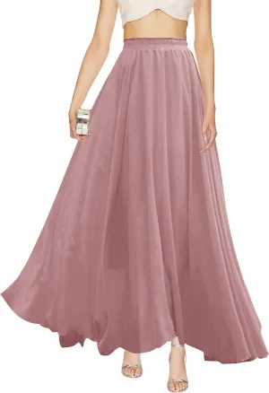 v28 Women Full/Ankle Length Elastic Pleated Retro Maxi Chiffon Long Skirt