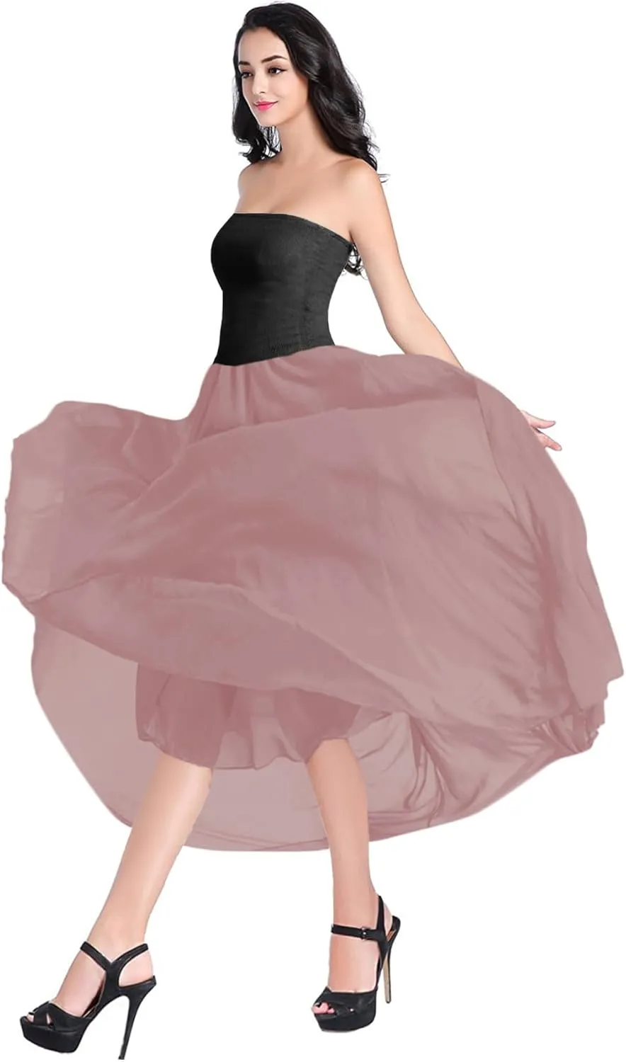 v28 Women Full/Ankle Length Elastic Pleated Retro Maxi Chiffon Long Skirt