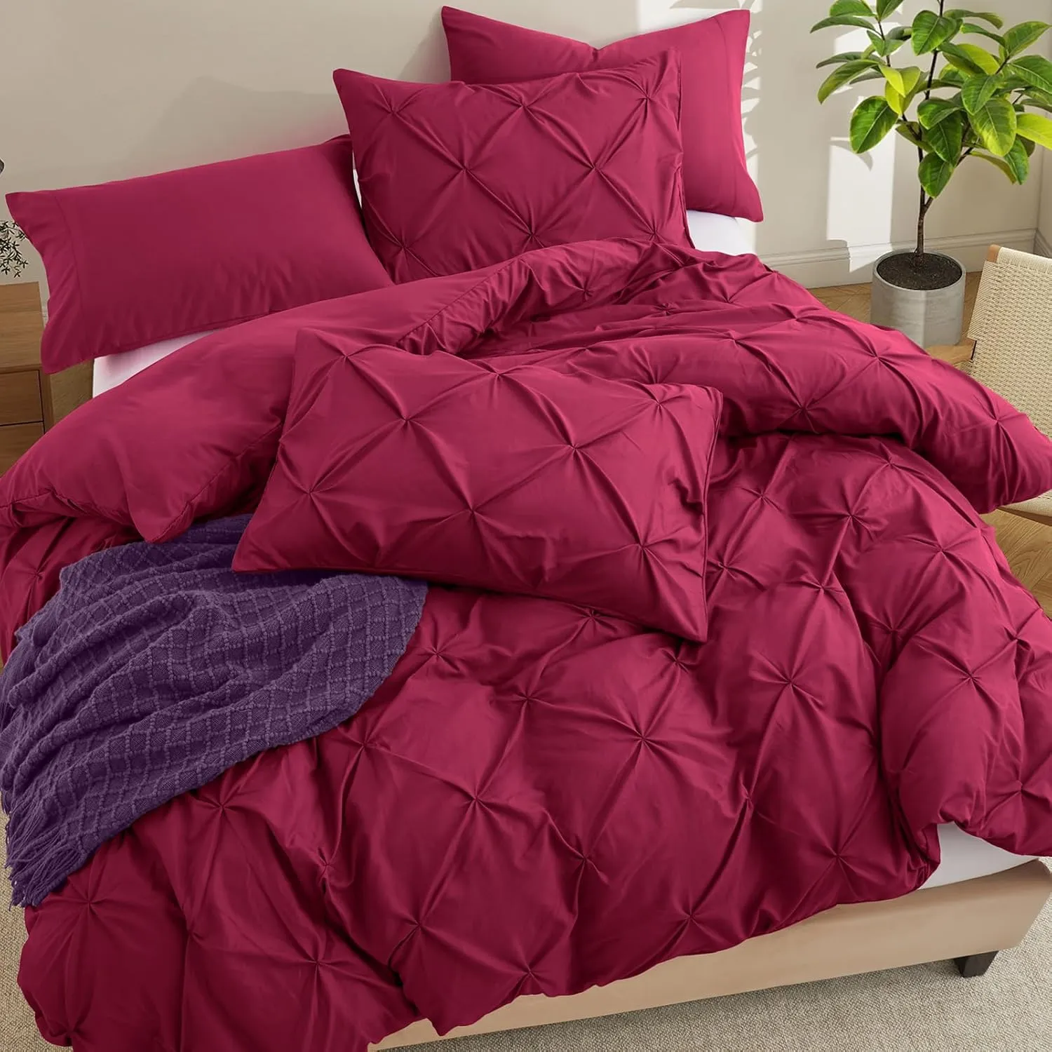 VACVELT 5 Piece Pinch Pleated Duvet Cover Full/Queen Size Set, Burgundy Pintuck Duvet Cover with Zipper & 8 Ties, Shabby Chic Microfiber Duvet Cover   2 Pillow Shams   2 Pillowcases, No Comforter