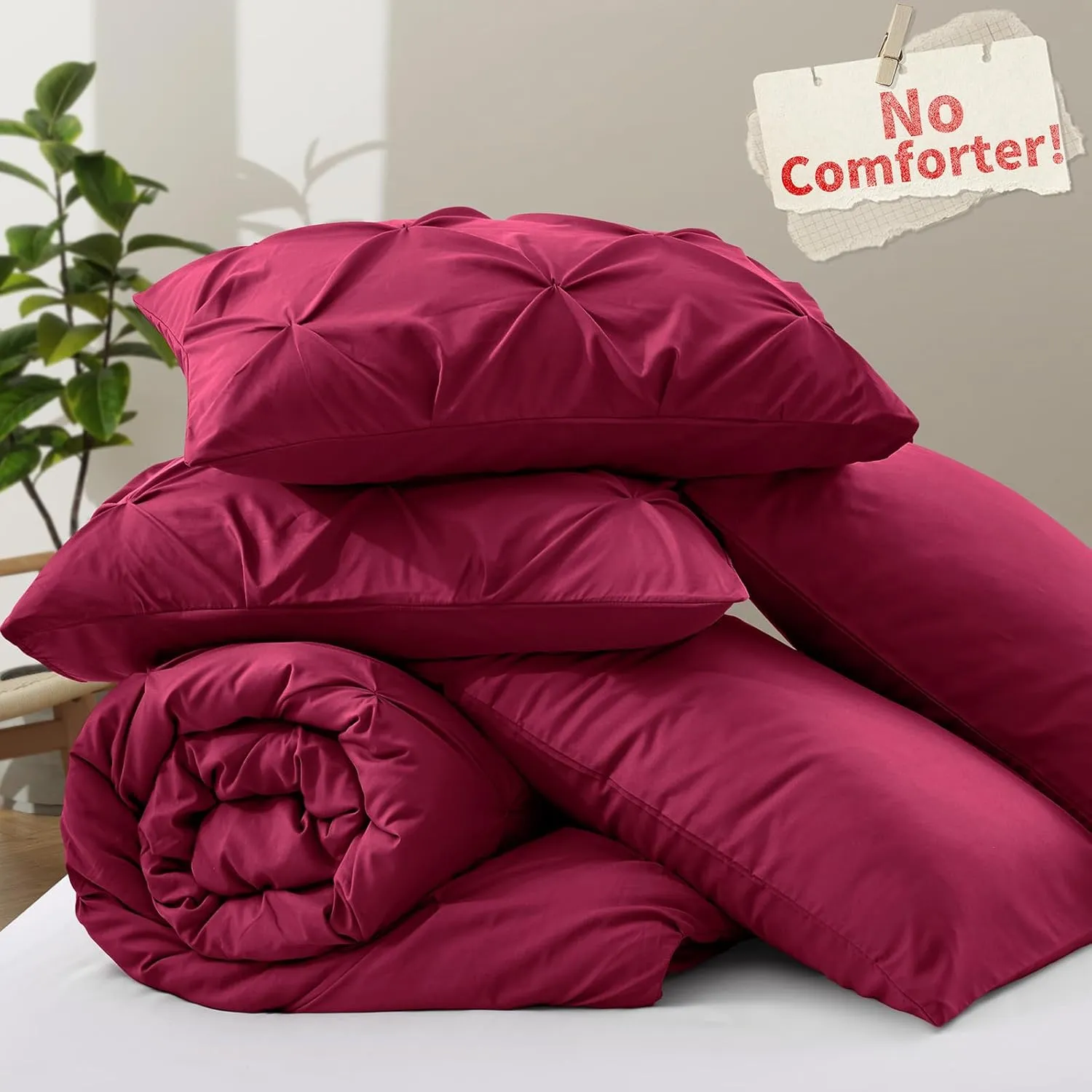 VACVELT 5 Piece Pinch Pleated Duvet Cover Full/Queen Size Set, Burgundy Pintuck Duvet Cover with Zipper & 8 Ties, Shabby Chic Microfiber Duvet Cover   2 Pillow Shams   2 Pillowcases, No Comforter