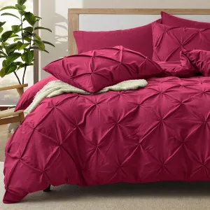 VACVELT 5 Piece Pinch Pleated Duvet Cover Full/Queen Size Set, Burgundy Pintuck Duvet Cover with Zipper & 8 Ties, Shabby Chic Microfiber Duvet Cover   2 Pillow Shams   2 Pillowcases, No Comforter