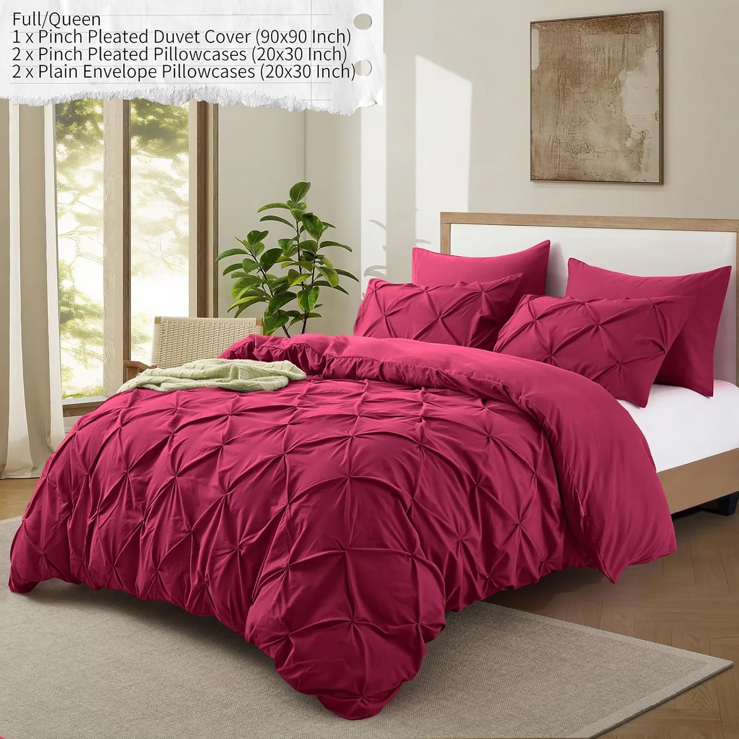 VACVELT 5 Piece Pinch Pleated Duvet Cover Full/Queen Size Set, Burgundy Pintuck Duvet Cover with Zipper & 8 Ties, Shabby Chic Microfiber Duvet Cover   2 Pillow Shams   2 Pillowcases, No Comforter