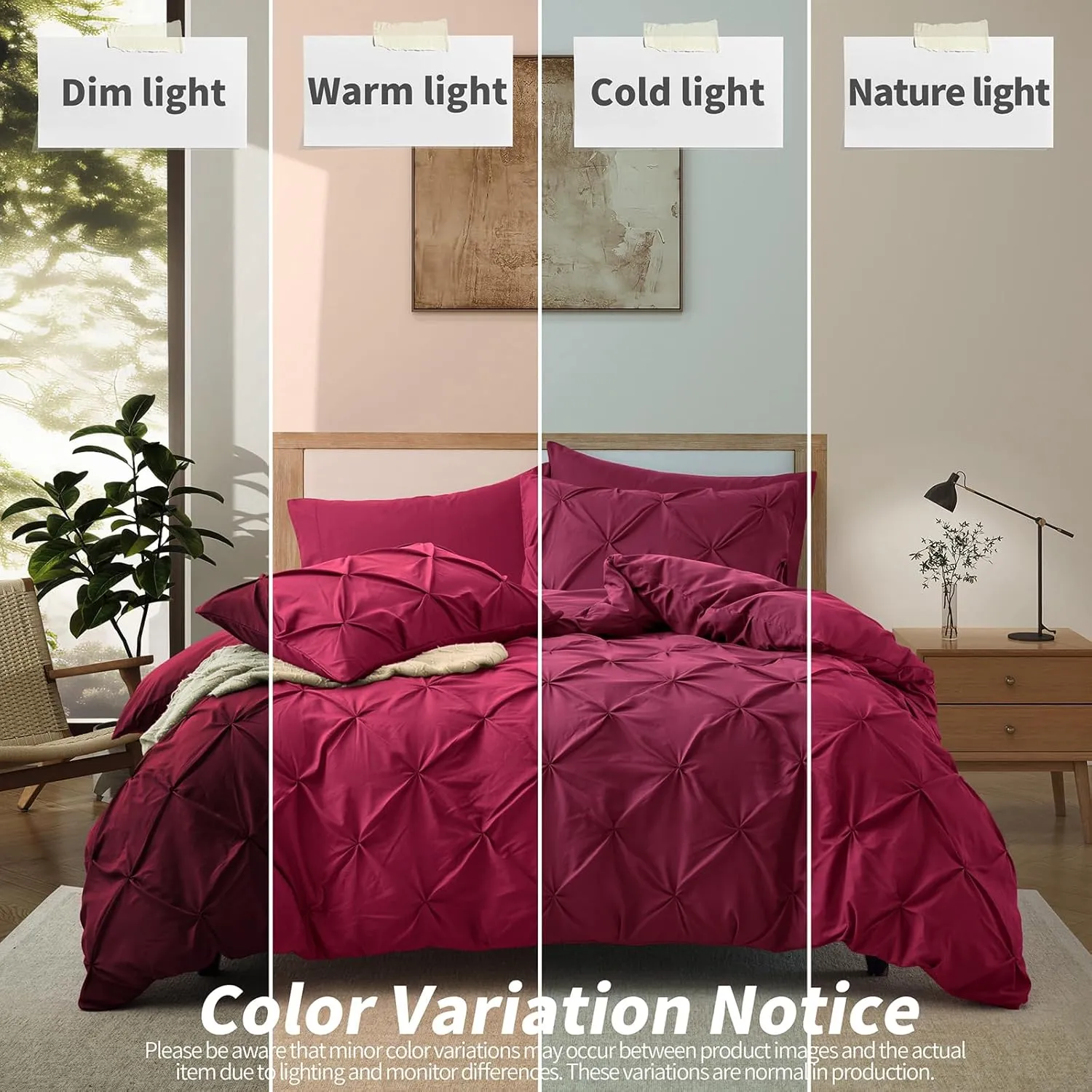 VACVELT 5 Piece Pinch Pleated Duvet Cover Full/Queen Size Set, Burgundy Pintuck Duvet Cover with Zipper & 8 Ties, Shabby Chic Microfiber Duvet Cover   2 Pillow Shams   2 Pillowcases, No Comforter