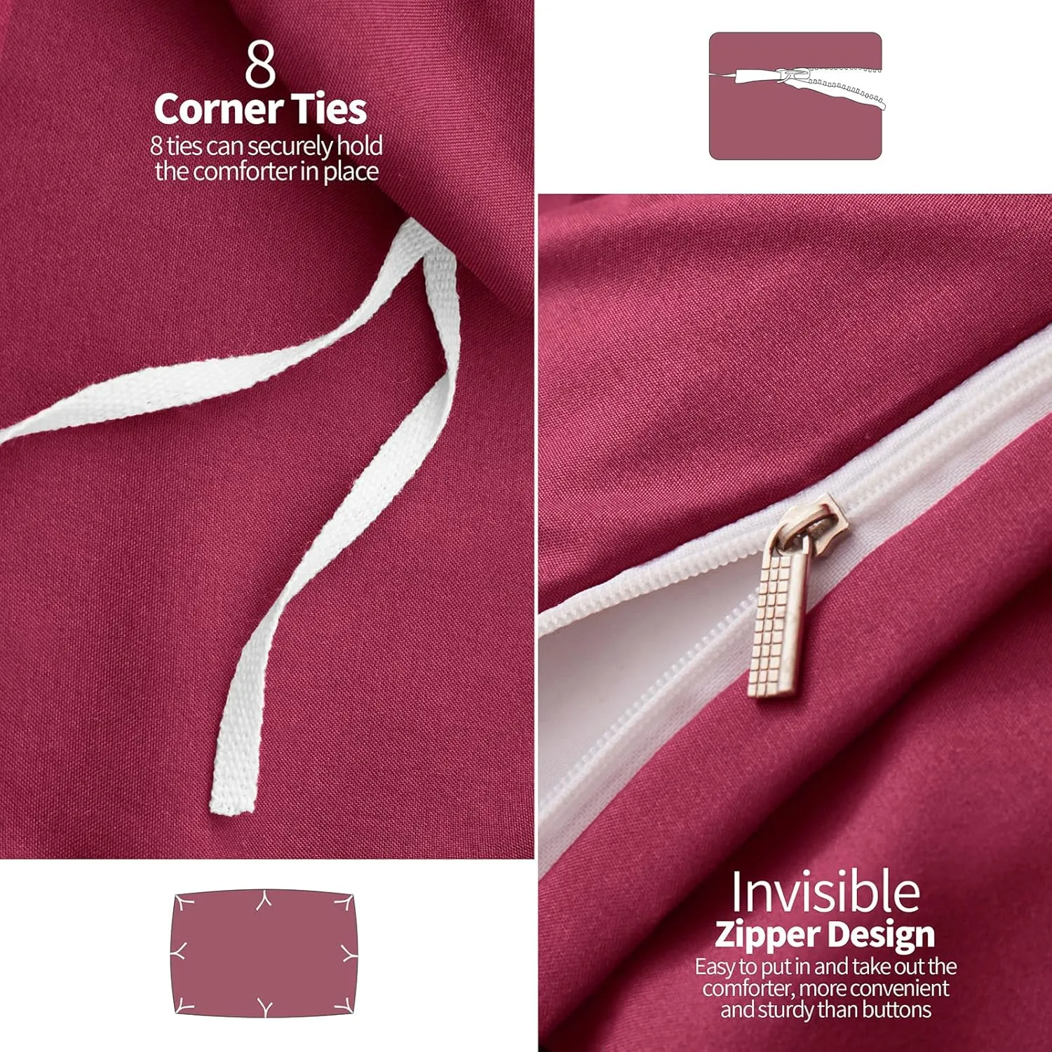 VACVELT 5 Piece Pinch Pleated Duvet Cover Full/Queen Size Set, Burgundy Pintuck Duvet Cover with Zipper & 8 Ties, Shabby Chic Microfiber Duvet Cover   2 Pillow Shams   2 Pillowcases, No Comforter