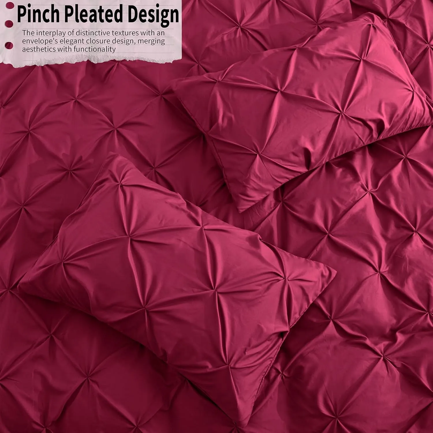 VACVELT 5 Piece Pinch Pleated Duvet Cover Full/Queen Size Set, Burgundy Pintuck Duvet Cover with Zipper & 8 Ties, Shabby Chic Microfiber Duvet Cover   2 Pillow Shams   2 Pillowcases, No Comforter
