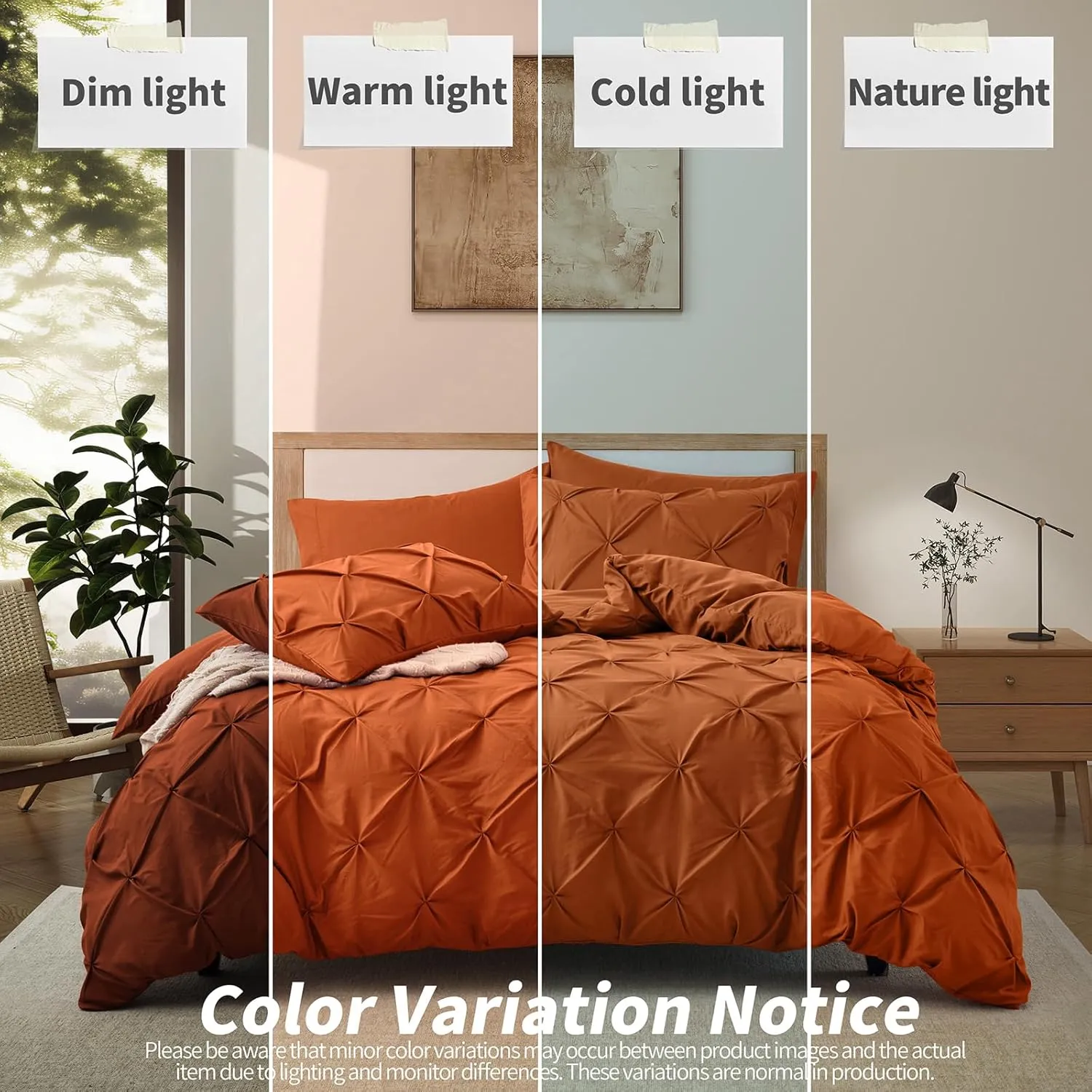 VACVELT 5 Piece Pinch Pleated Duvet Cover Full/Queen Size Set, Burnt Orange Pintuck Duvet Cover with Zipper & 8 Ties, Shabby Chic Microfiber Duvet Cover   2 Pillow Shams   2 Pillowcases, No Comforter