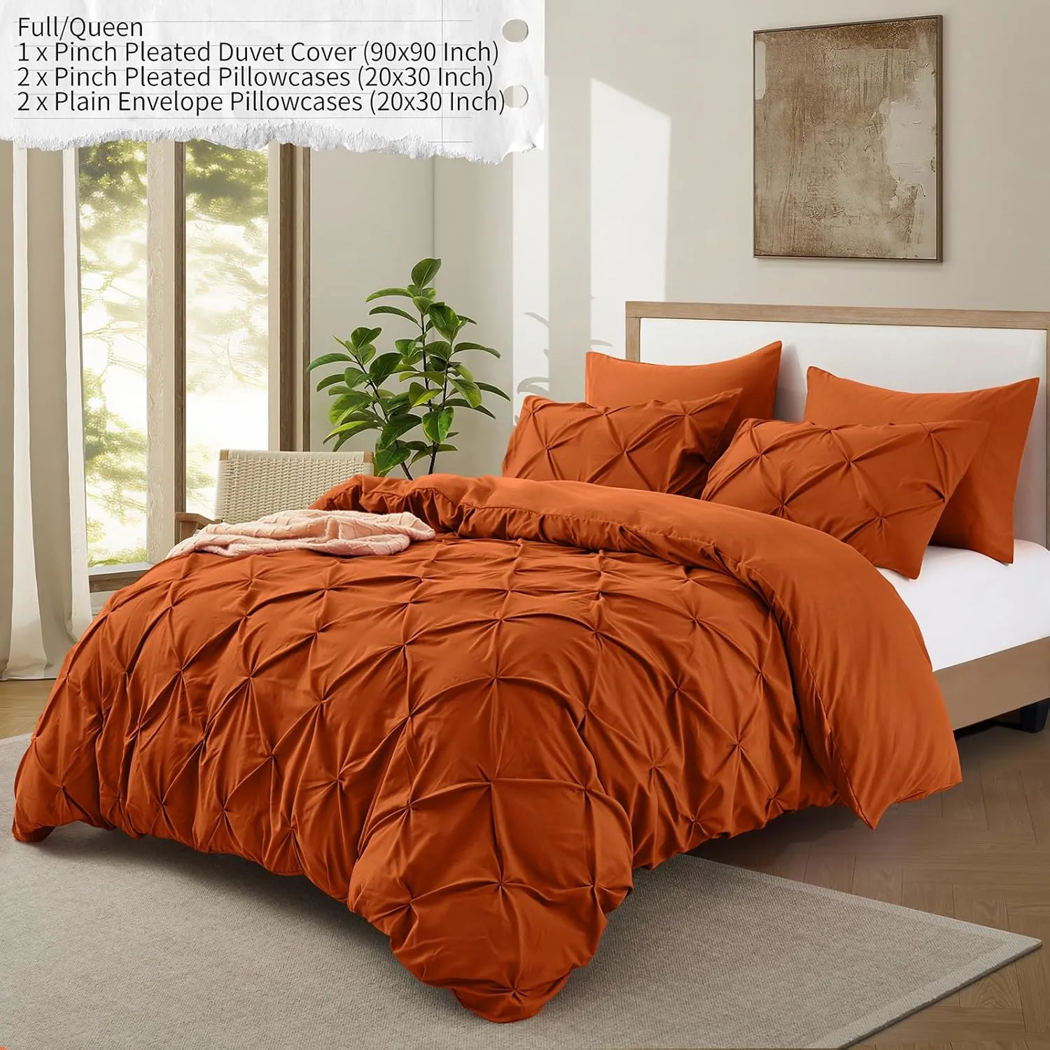 VACVELT 5 Piece Pinch Pleated Duvet Cover Full/Queen Size Set, Burnt Orange Pintuck Duvet Cover with Zipper & 8 Ties, Shabby Chic Microfiber Duvet Cover   2 Pillow Shams   2 Pillowcases, No Comforter