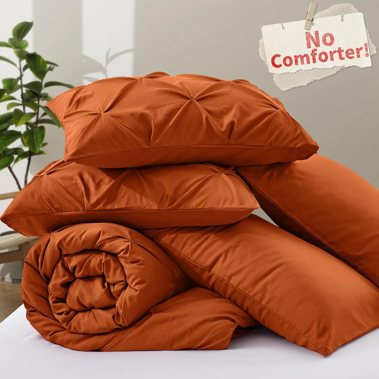VACVELT 5 Piece Pinch Pleated Duvet Cover Full/Queen Size Set, Burnt Orange Pintuck Duvet Cover with Zipper & 8 Ties, Shabby Chic Microfiber Duvet Cover   2 Pillow Shams   2 Pillowcases, No Comforter