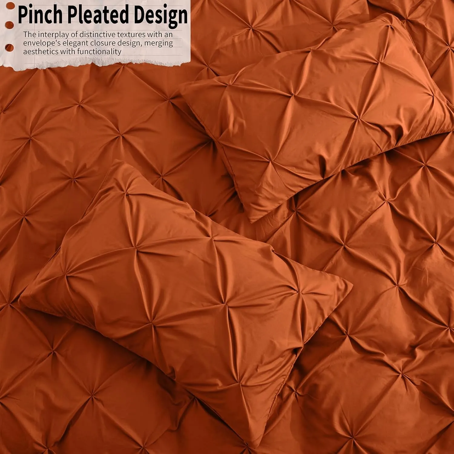 VACVELT 5 Piece Pinch Pleated Duvet Cover Full/Queen Size Set, Burnt Orange Pintuck Duvet Cover with Zipper & 8 Ties, Shabby Chic Microfiber Duvet Cover   2 Pillow Shams   2 Pillowcases, No Comforter