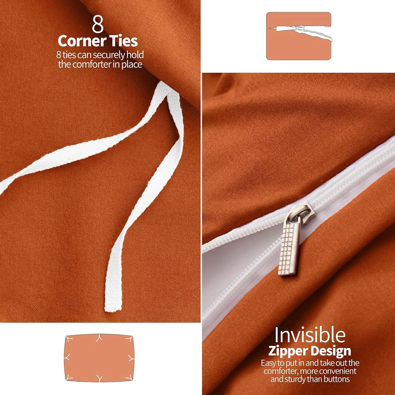 VACVELT 5 Piece Pinch Pleated Duvet Cover Full/Queen Size Set, Burnt Orange Pintuck Duvet Cover with Zipper & 8 Ties, Shabby Chic Microfiber Duvet Cover   2 Pillow Shams   2 Pillowcases, No Comforter