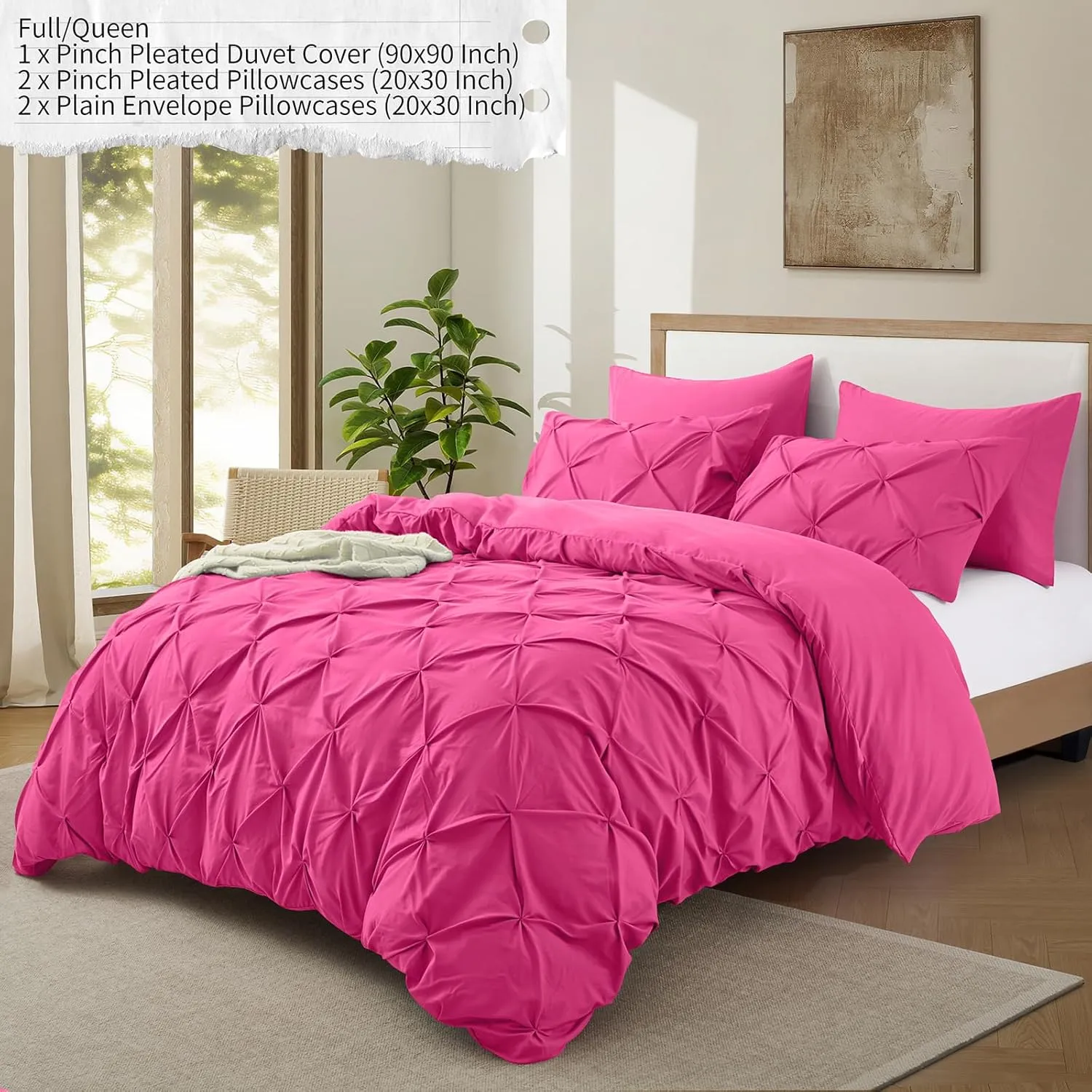 VACVELT 5 Piece Pinch Pleated Duvet Cover Full/Queen Size Set, Hot Pink Pintuck Duvet Cover with Zipper & 8 Ties, Shabby Chic Microfiber Duvet Cover   2 Pillow Shams   2 Pillowcases, No Comforter