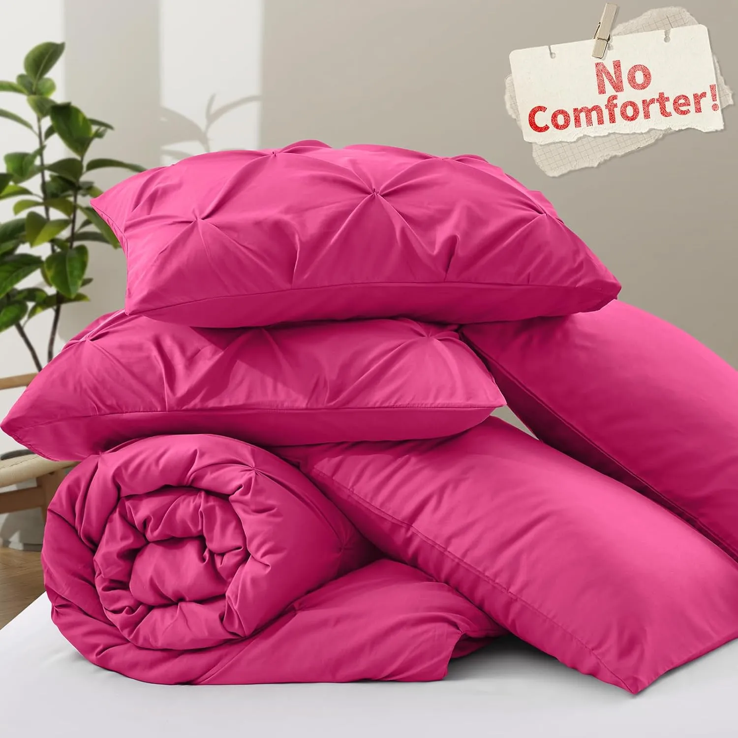 VACVELT 5 Piece Pinch Pleated Duvet Cover Full/Queen Size Set, Hot Pink Pintuck Duvet Cover with Zipper & 8 Ties, Shabby Chic Microfiber Duvet Cover   2 Pillow Shams   2 Pillowcases, No Comforter