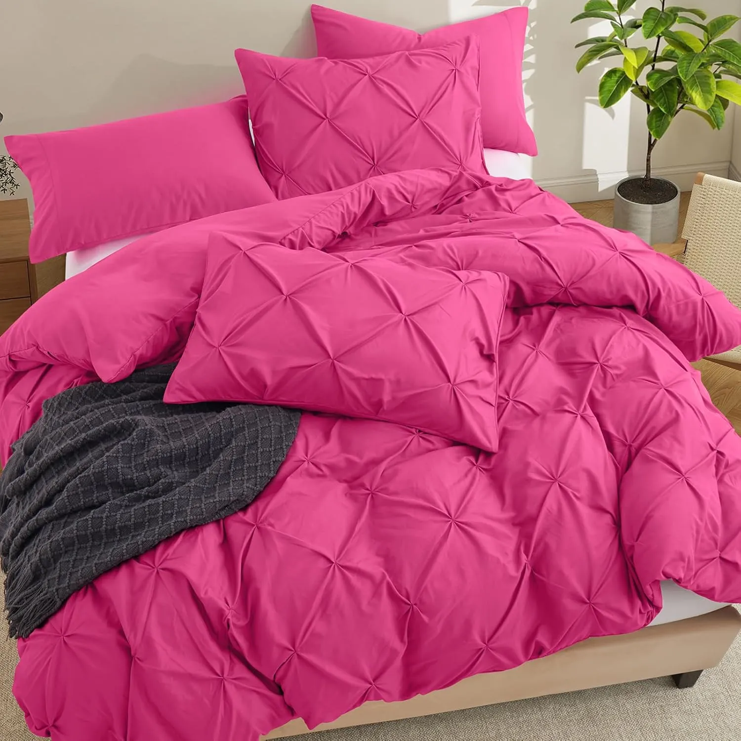VACVELT 5 Piece Pinch Pleated Duvet Cover Full/Queen Size Set, Hot Pink Pintuck Duvet Cover with Zipper & 8 Ties, Shabby Chic Microfiber Duvet Cover   2 Pillow Shams   2 Pillowcases, No Comforter