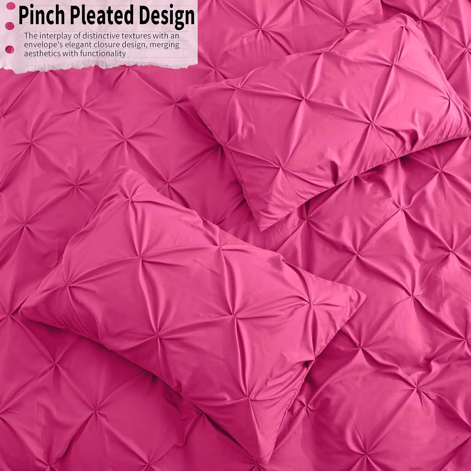 VACVELT 5 Piece Pinch Pleated Duvet Cover Full/Queen Size Set, Hot Pink Pintuck Duvet Cover with Zipper & 8 Ties, Shabby Chic Microfiber Duvet Cover   2 Pillow Shams   2 Pillowcases, No Comforter