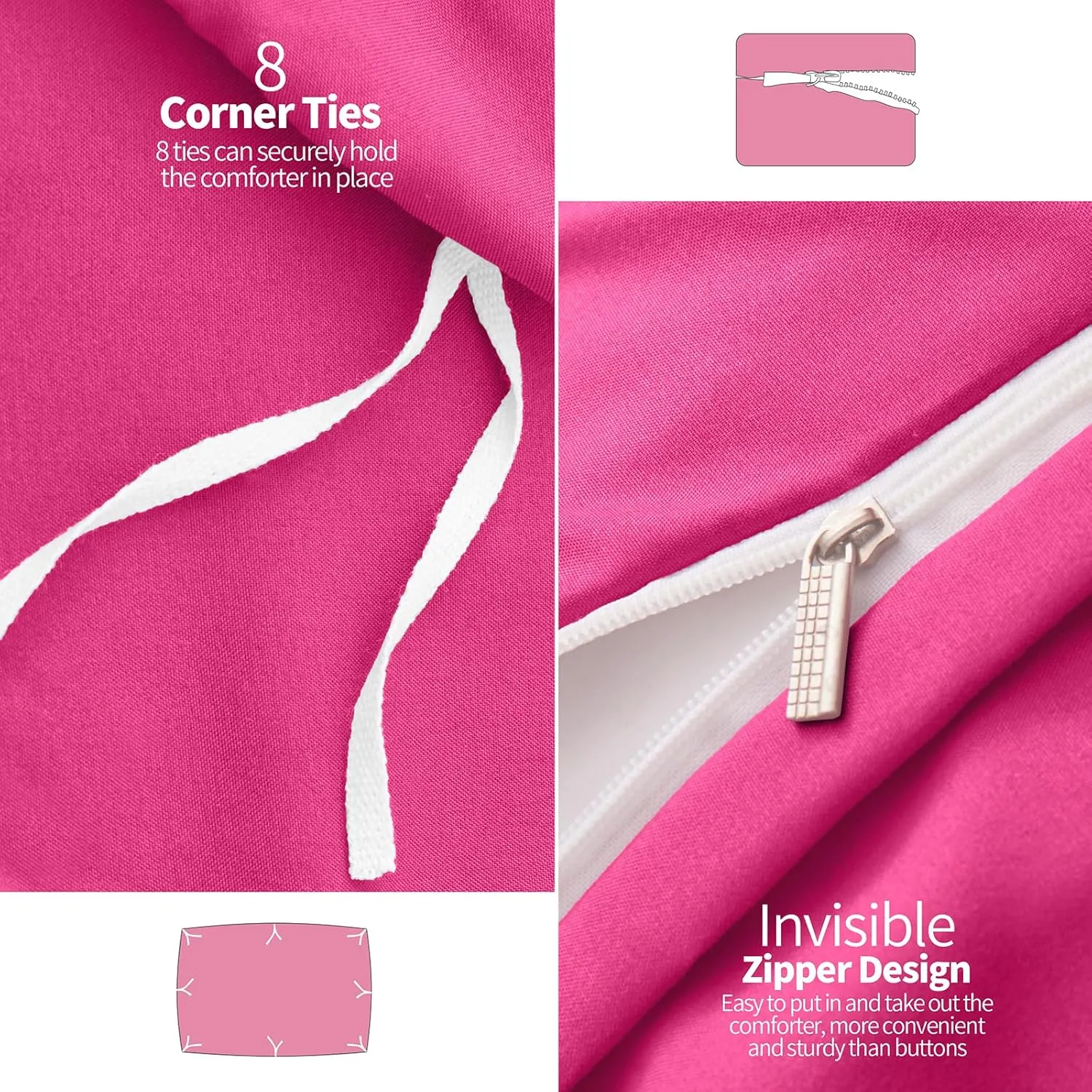 VACVELT 5 Piece Pinch Pleated Duvet Cover Full/Queen Size Set, Hot Pink Pintuck Duvet Cover with Zipper & 8 Ties, Shabby Chic Microfiber Duvet Cover   2 Pillow Shams   2 Pillowcases, No Comforter