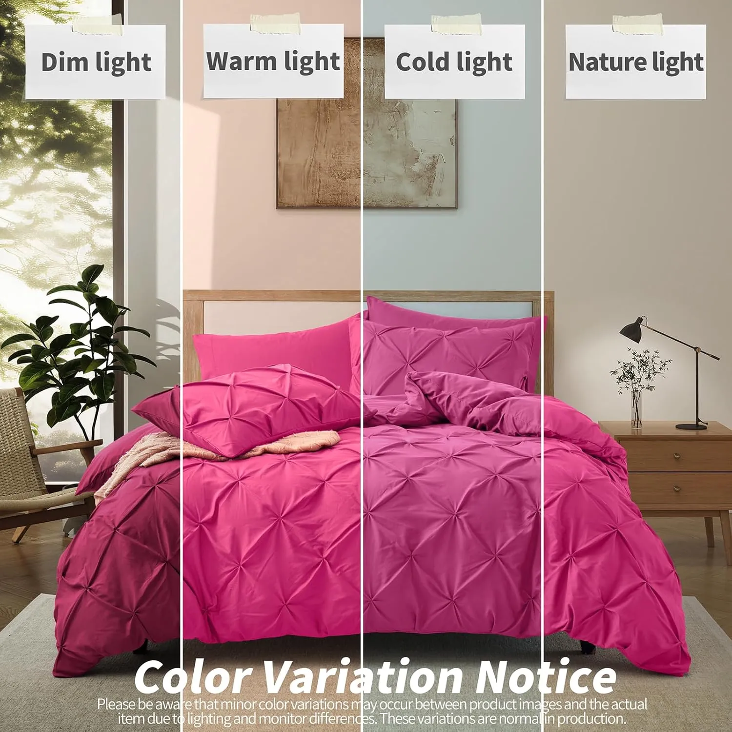 VACVELT 5 Piece Pinch Pleated Duvet Cover Full/Queen Size Set, Hot Pink Pintuck Duvet Cover with Zipper & 8 Ties, Shabby Chic Microfiber Duvet Cover   2 Pillow Shams   2 Pillowcases, No Comforter