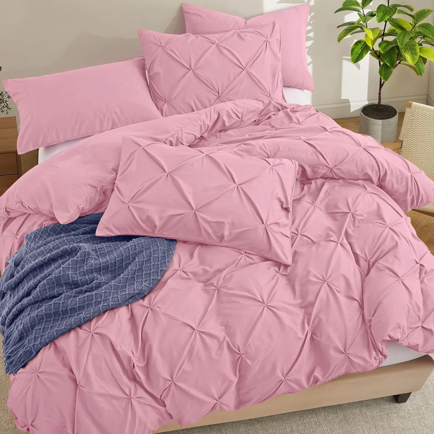 VACVELT 5 Piece Pinch Pleated Duvet Cover Full/Queen Size Set, Pink Pintuck Duvet Cover with Zipper & 8 Ties, Shabby Chic Microfiber Duvet Cover   2 Pillow Shams   2 Pillowcases, No Comforter
