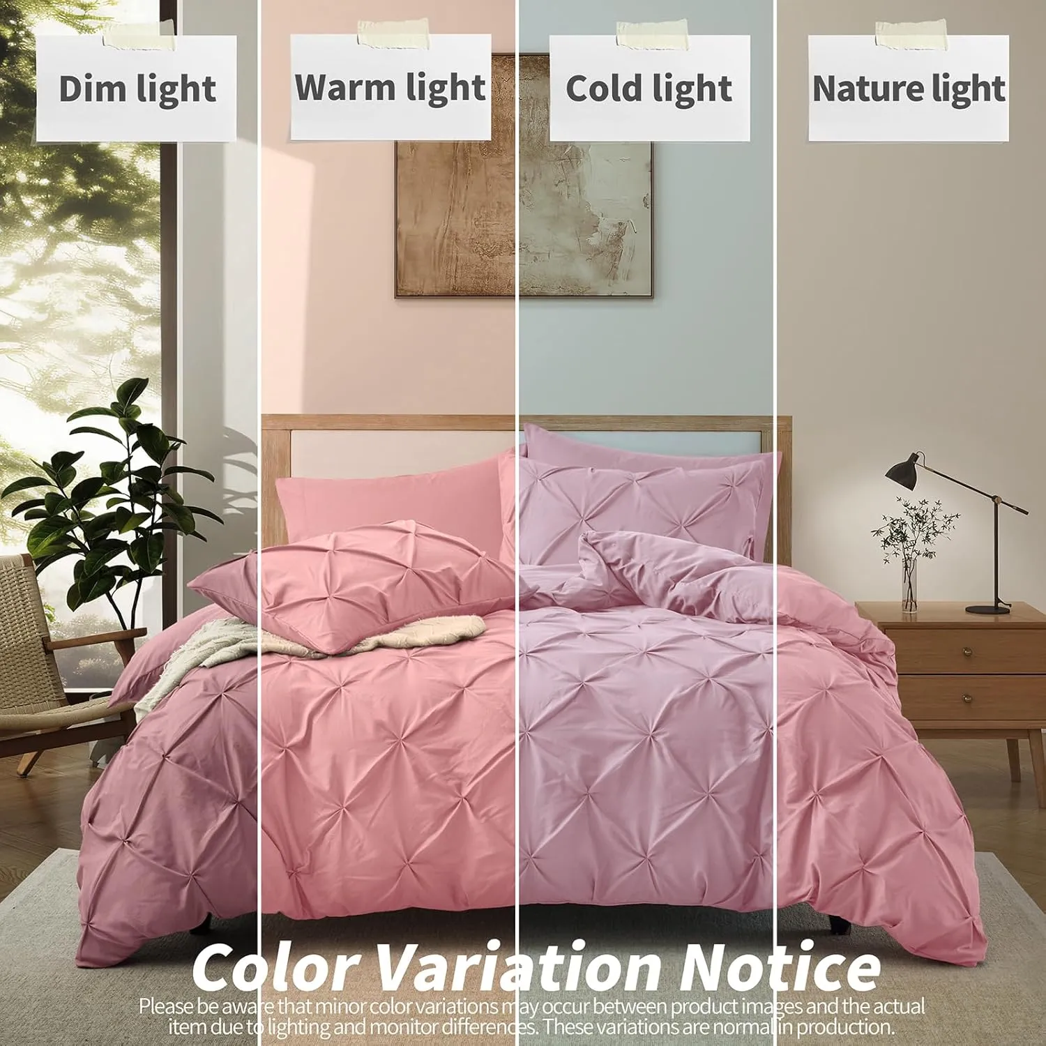 VACVELT 5 Piece Pinch Pleated Duvet Cover Full/Queen Size Set, Pink Pintuck Duvet Cover with Zipper & 8 Ties, Shabby Chic Microfiber Duvet Cover   2 Pillow Shams   2 Pillowcases, No Comforter