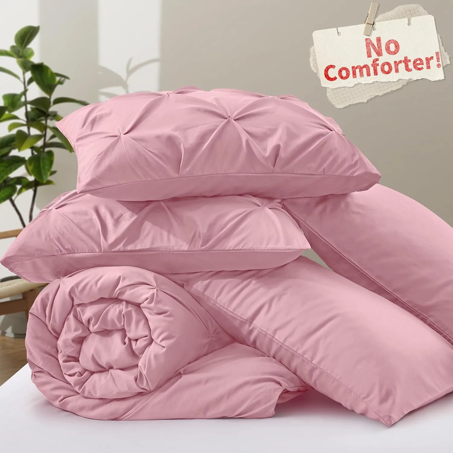 VACVELT 5 Piece Pinch Pleated Duvet Cover Full/Queen Size Set, Pink Pintuck Duvet Cover with Zipper & 8 Ties, Shabby Chic Microfiber Duvet Cover   2 Pillow Shams   2 Pillowcases, No Comforter