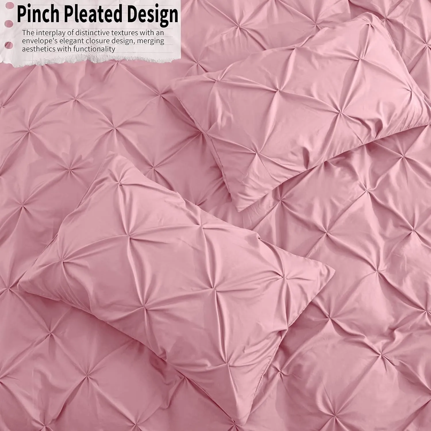VACVELT 5 Piece Pinch Pleated Duvet Cover Full/Queen Size Set, Pink Pintuck Duvet Cover with Zipper & 8 Ties, Shabby Chic Microfiber Duvet Cover   2 Pillow Shams   2 Pillowcases, No Comforter