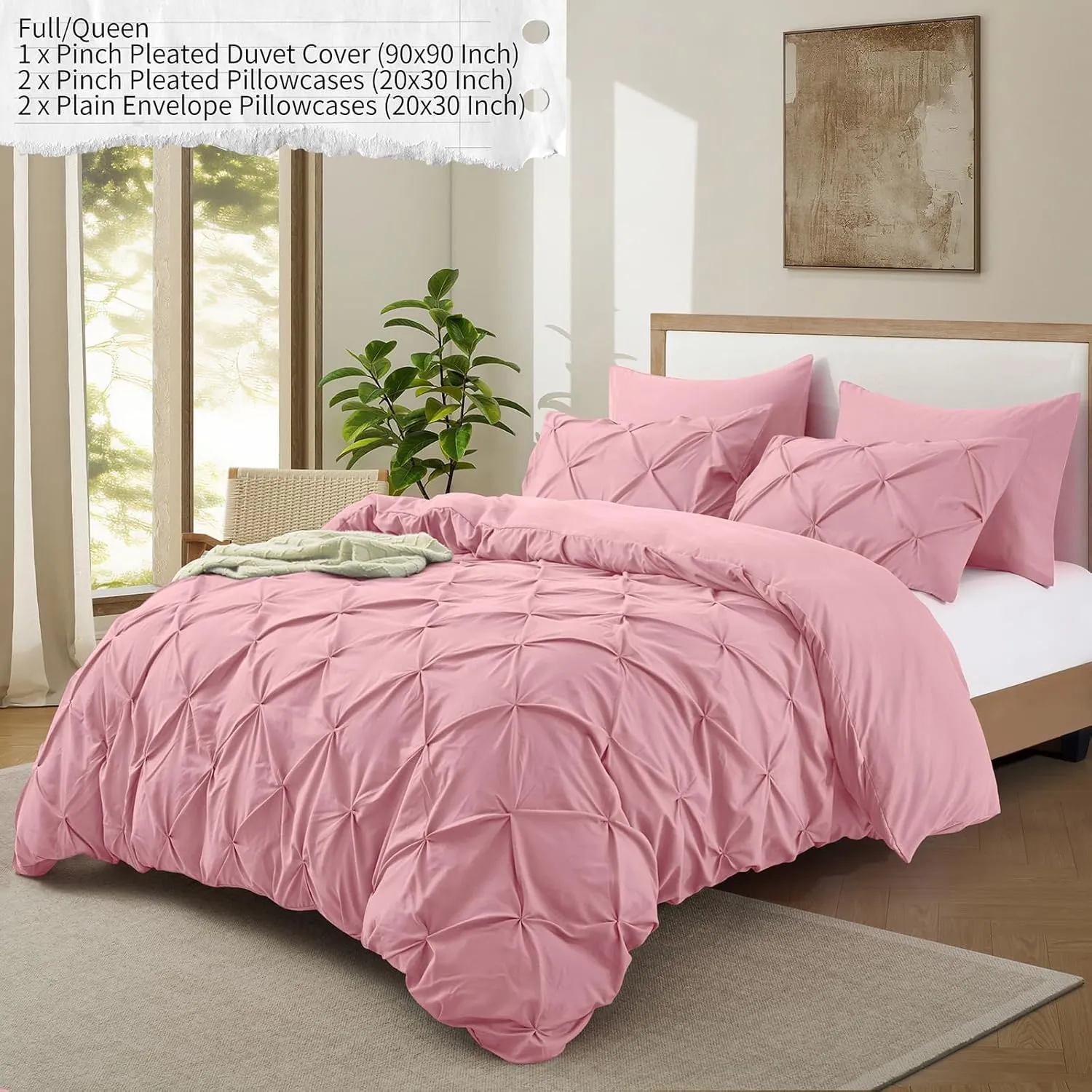 VACVELT 5 Piece Pinch Pleated Duvet Cover Full/Queen Size Set, Pink Pintuck Duvet Cover with Zipper & 8 Ties, Shabby Chic Microfiber Duvet Cover   2 Pillow Shams   2 Pillowcases, No Comforter