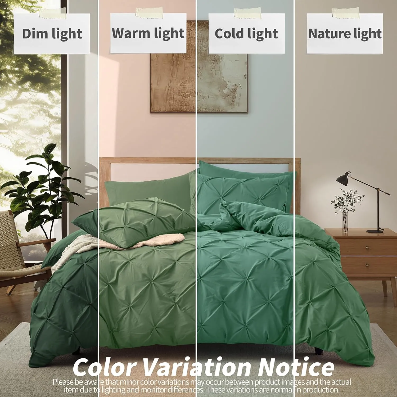 VACVELT 5 Piece Pinch Pleated Duvet Cover Full/Queen Size Set, Sage Green Pintuck Duvet Cover with Zipper & 8 Ties, Shabby Chic Microfiber Duvet Cover   2 Pillow Shams   2 Pillowcases, No Comforter