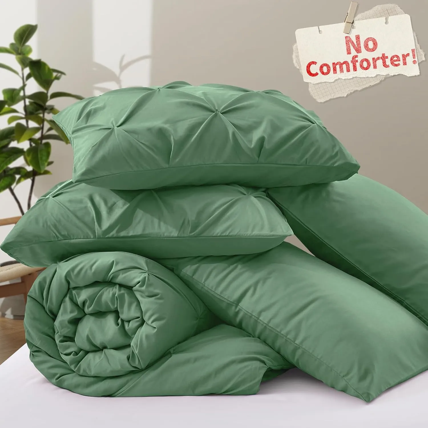 VACVELT 5 Piece Pinch Pleated Duvet Cover Full/Queen Size Set, Sage Green Pintuck Duvet Cover with Zipper & 8 Ties, Shabby Chic Microfiber Duvet Cover   2 Pillow Shams   2 Pillowcases, No Comforter