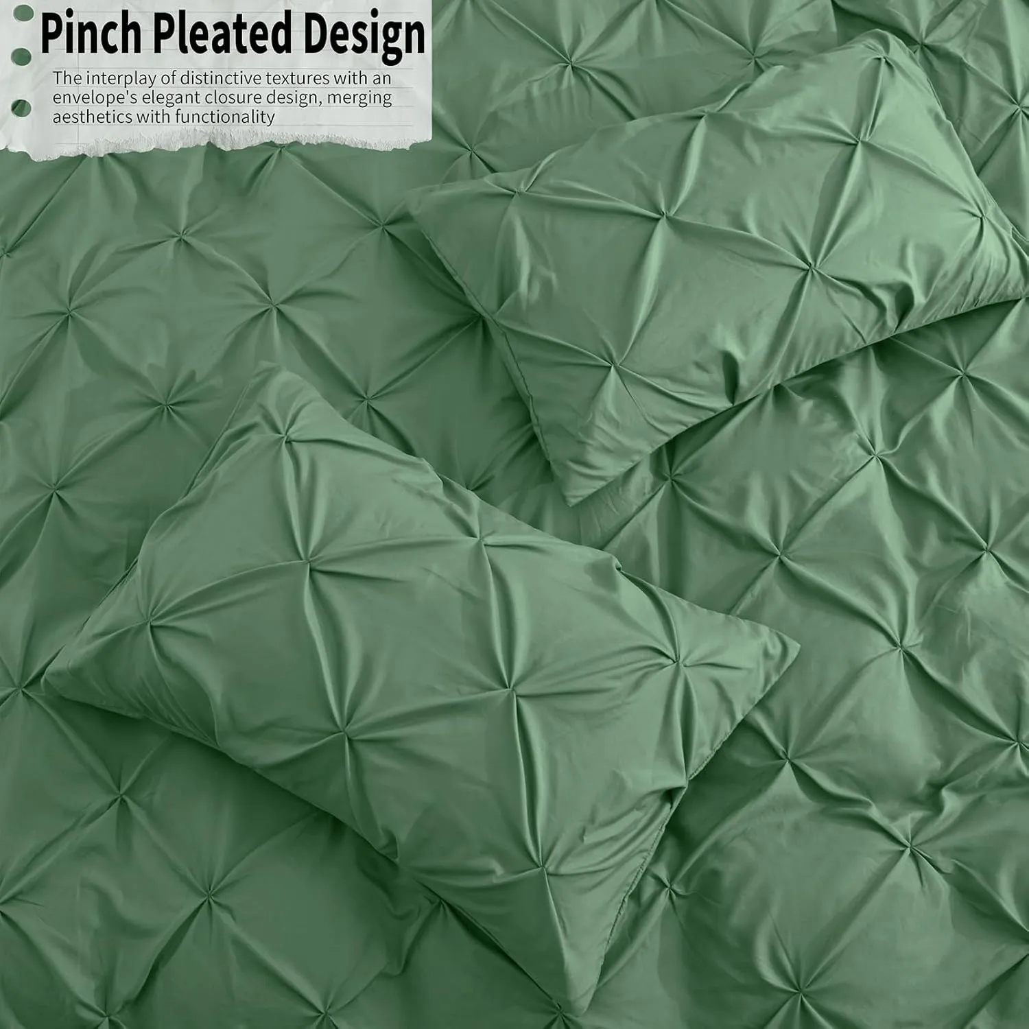 VACVELT 5 Piece Pinch Pleated Duvet Cover Full/Queen Size Set, Sage Green Pintuck Duvet Cover with Zipper & 8 Ties, Shabby Chic Microfiber Duvet Cover   2 Pillow Shams   2 Pillowcases, No Comforter