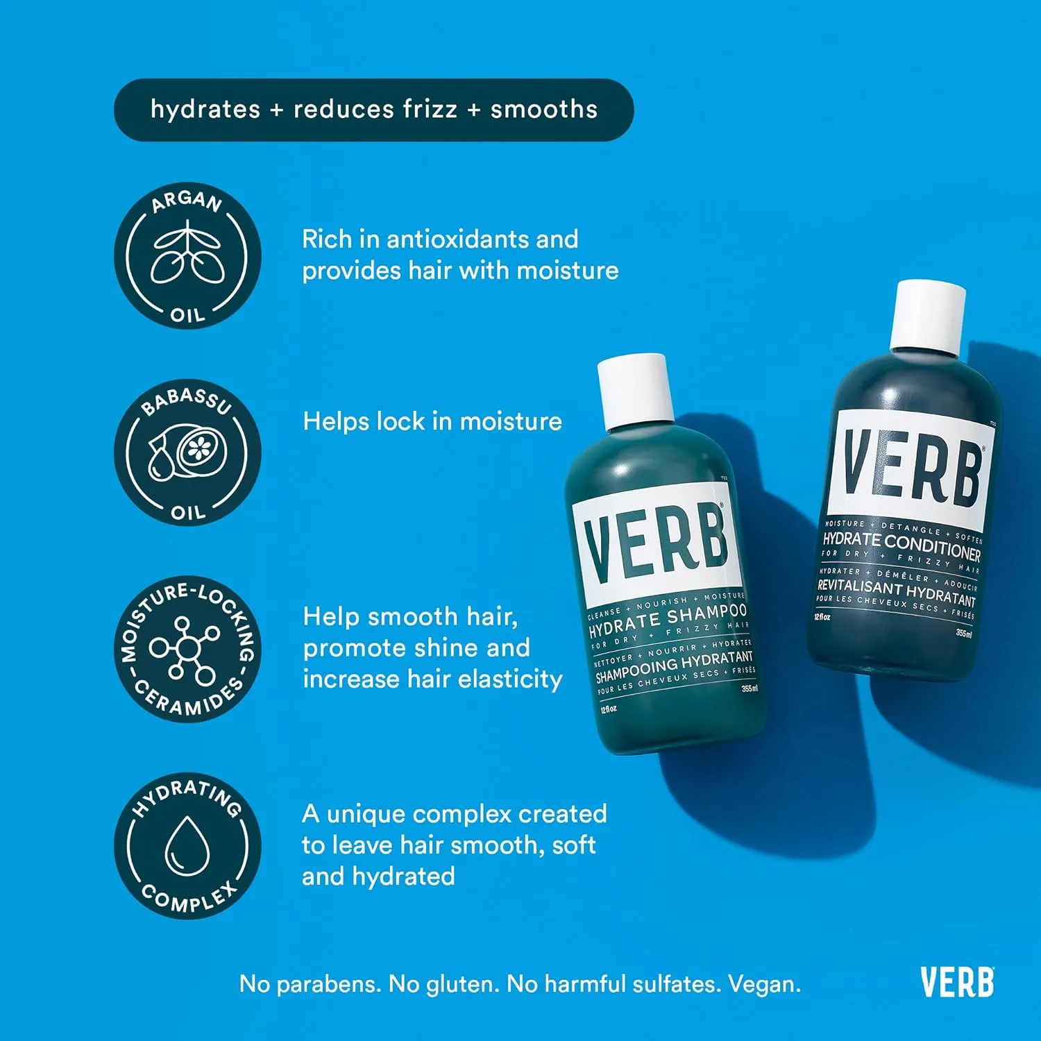 VERB Hydrate Shampoo - Cleanse Dry   Frizzy Hair - Smooth   Reduce Frizz - Amber   Warm Jasmine Scent