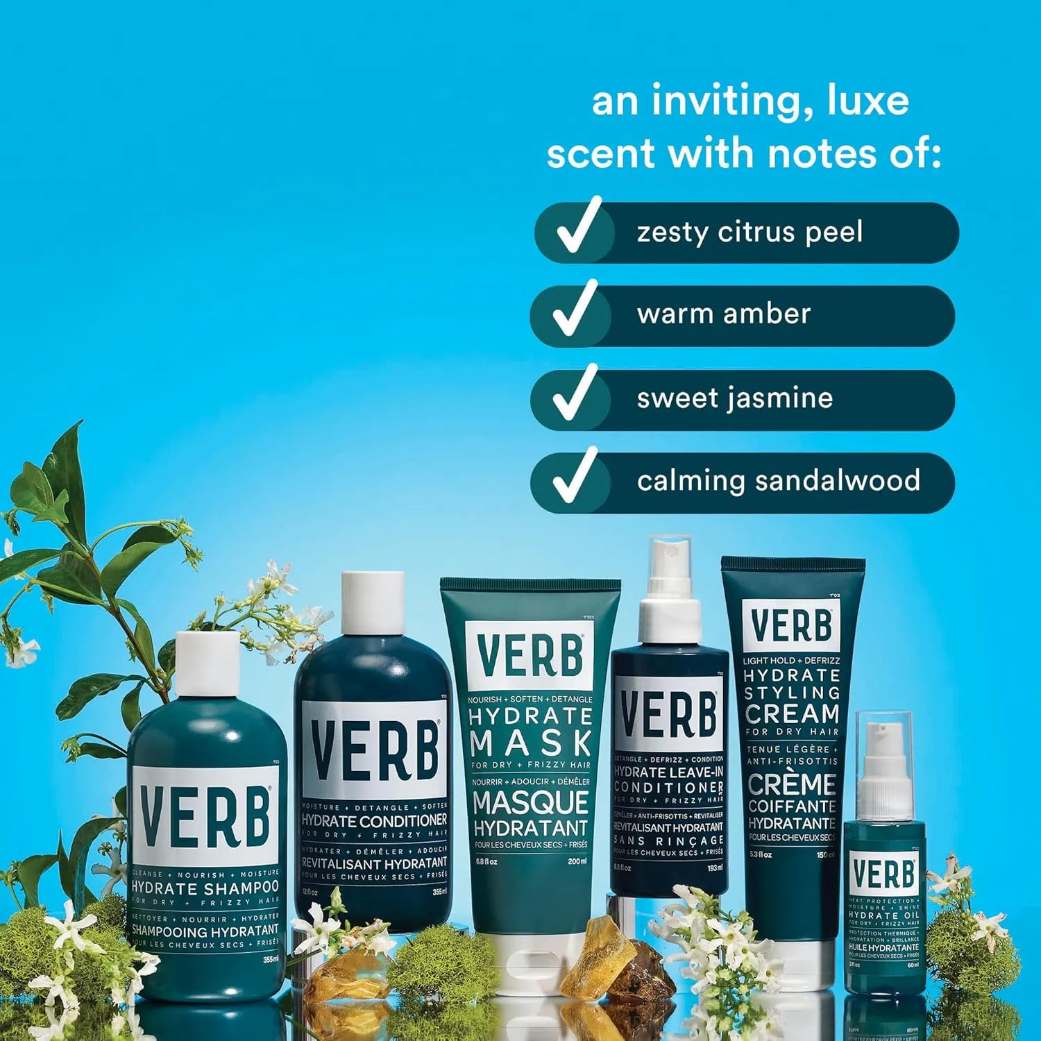 VERB Hydrate Shampoo   Conditioner Duo - Cleanses   Nourishes Dry   Frizzy Hair to Smooth   Reduce Frizz - Amber   Warm Jasmine Scent