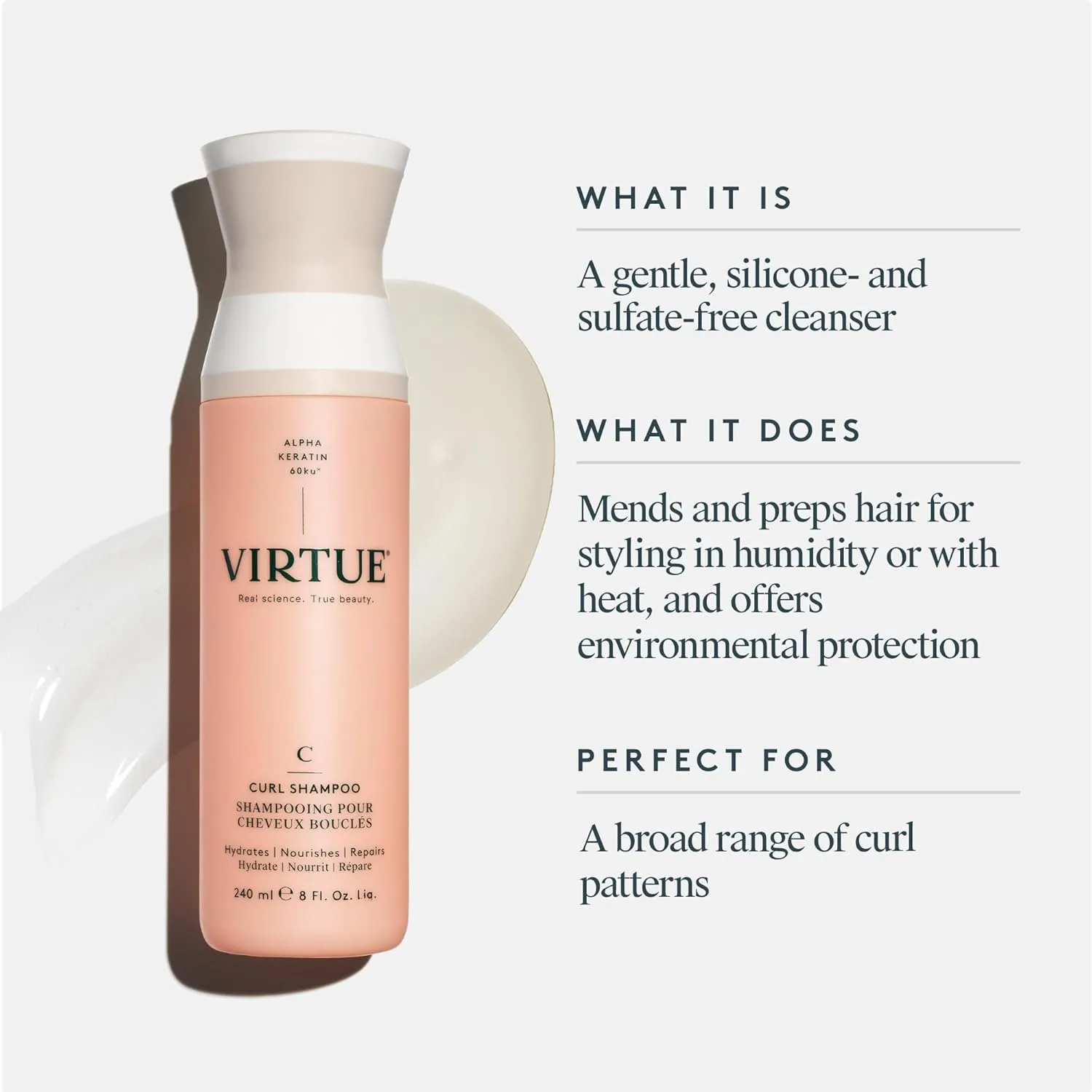 VIRTUE Curl Sulfate Free Shampoo with Jojoba Oil, Hydrates, Nourishes & Repairs Curly Hair with Frizz Control, Color Safe