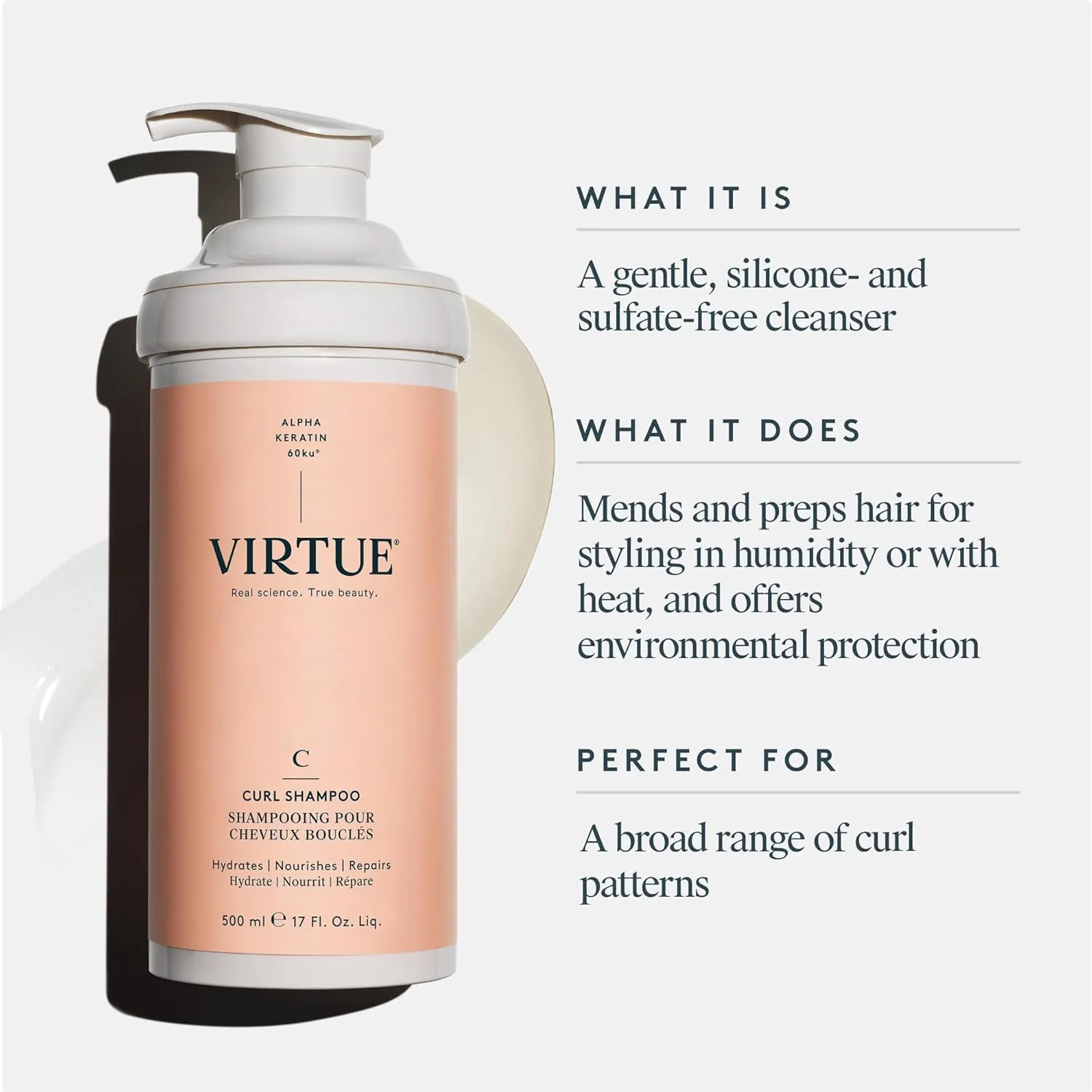 VIRTUE Curl Sulfate Free Shampoo with Jojoba Oil, Hydrates, Nourishes & Repairs Curly Hair with Frizz Control, Color Safe