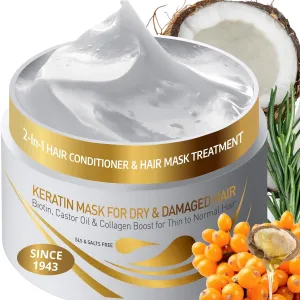 VITAMINS hair cosmetics Keratin Hair Mask Deep Conditioner - Biotin Collagen Protein & Castor Oil Repair for Dry Damaged Hair - Conditioning Treatment for Curly or Straight Thin Fine Locks