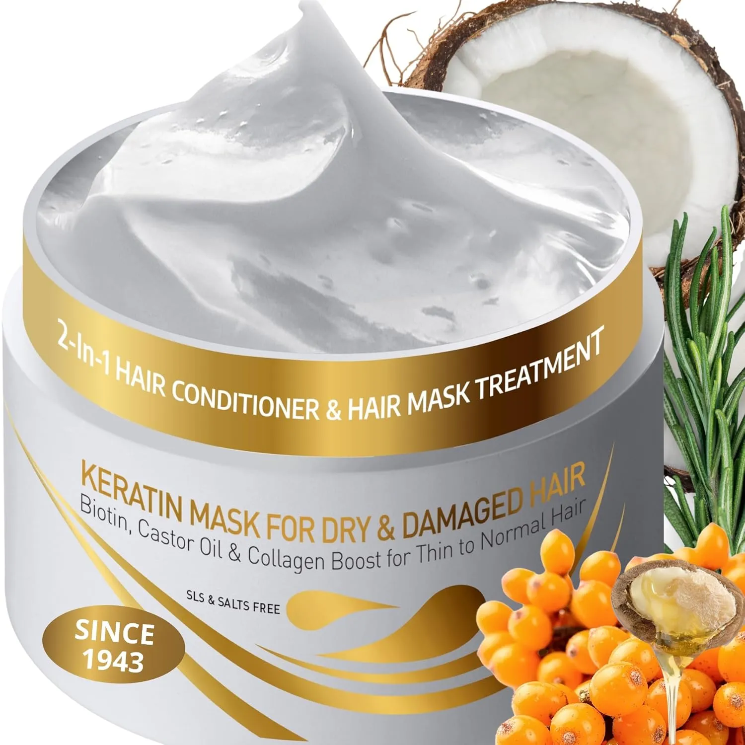 VITAMINS hair cosmetics Keratin Hair Mask Deep Conditioner - Biotin Collagen Protein & Castor Oil Repair for Dry Damaged Hair - Conditioning Treatment for Curly or Straight Thin Fine Locks