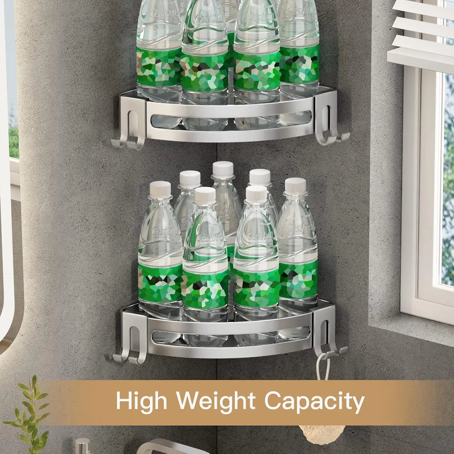 VOLPONE Corner Shower Shelves With Hooks - Rustproof Storage Rack and Tub Organizer - Drill-Free Shampoo Holder - Wall Mount Shower Caddy (3-Pack, Silver)