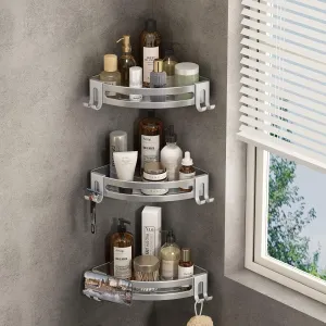 VOLPONE Corner Shower Shelves With Hooks - Rustproof Storage Rack and Tub Organizer - Drill-Free Shampoo Holder - Wall Mount Shower Caddy (3-Pack, Silver)