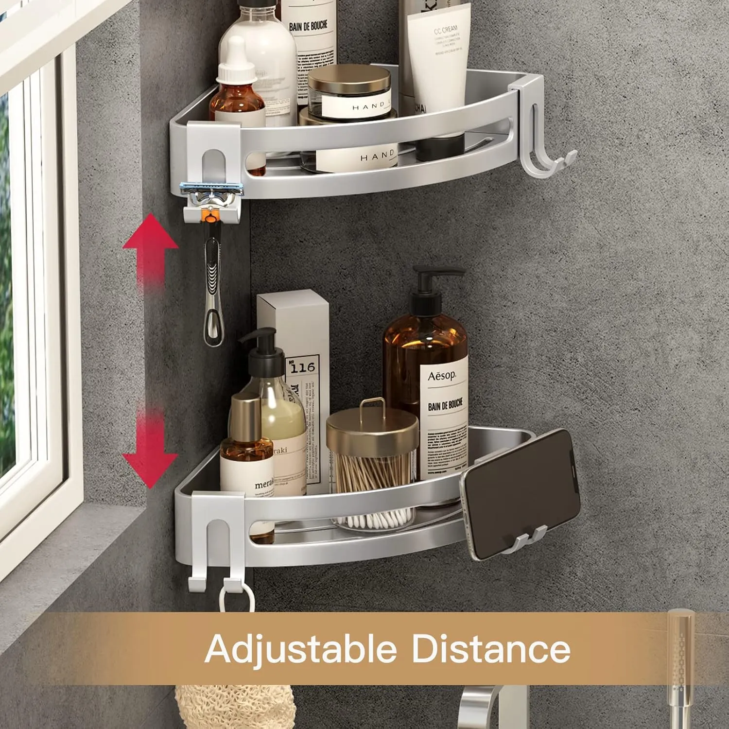 VOLPONE Corner Shower Shelves With Hooks - Rustproof Storage Rack and Tub Organizer - Drill-Free Shampoo Holder - Wall Mount Shower Caddy (3-Pack, Silver)