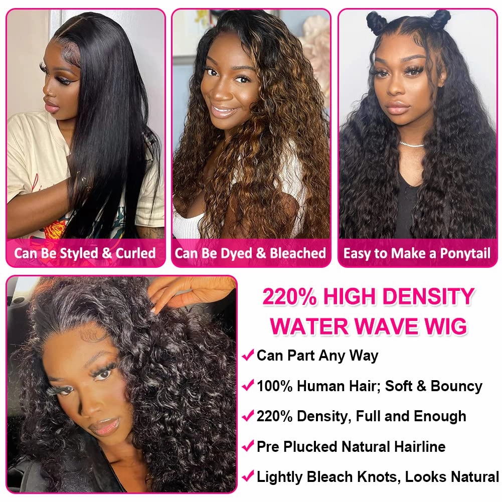 Water Wave Lace Front Wigs Human Hair Pre Plucked with Baby Hair 220% Density 13x4 HD Transparent Lace Frontal Wigs Human Hair Glueless Lace Frontal Wigs Natural Black 22 inch