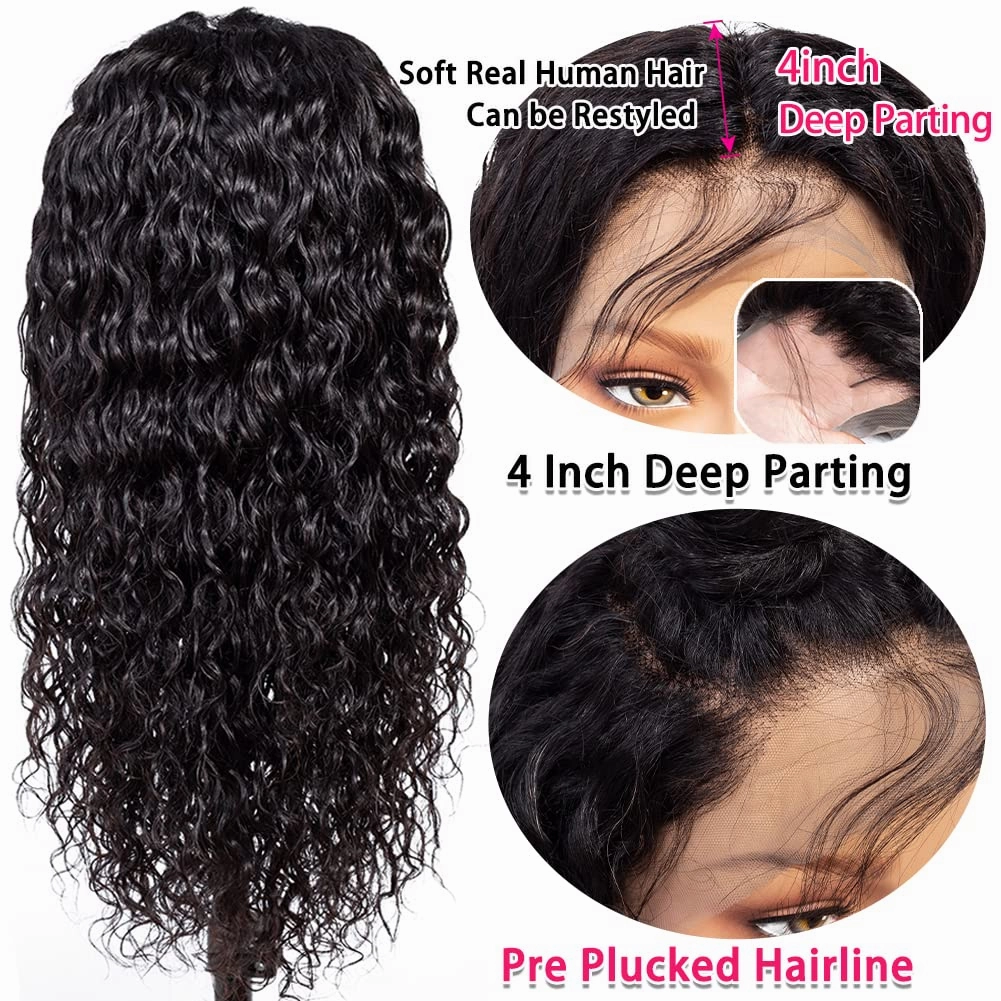 Water Wave Lace Front Wigs Human Hair Pre Plucked with Baby Hair 220% Density 13x4 HD Transparent Lace Frontal Wigs Human Hair Glueless Lace Frontal Wigs Natural Black 22 inch