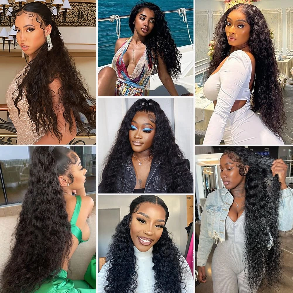 Water Wave Lace Front Wigs Human Hair Pre Plucked with Baby Hair 220% Density 13x4 HD Transparent Lace Frontal Wigs Human Hair Glueless Lace Frontal Wigs Natural Black 22 inch