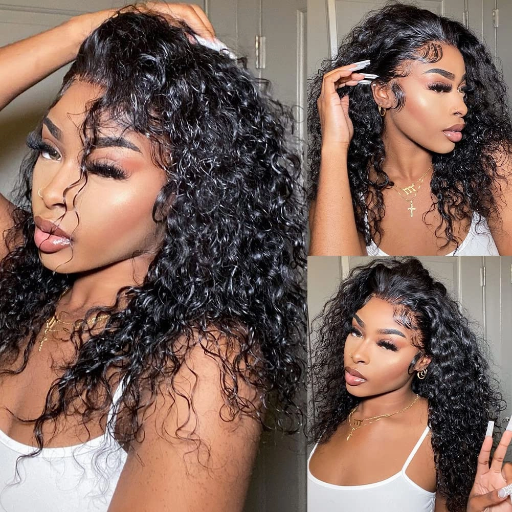 Water Wave Lace Front Wigs Human Hair Pre Plucked with Baby Hair 220% Density 13x4 HD Transparent Lace Frontal Wigs Human Hair Glueless Lace Frontal Wigs Natural Black 22 inch
