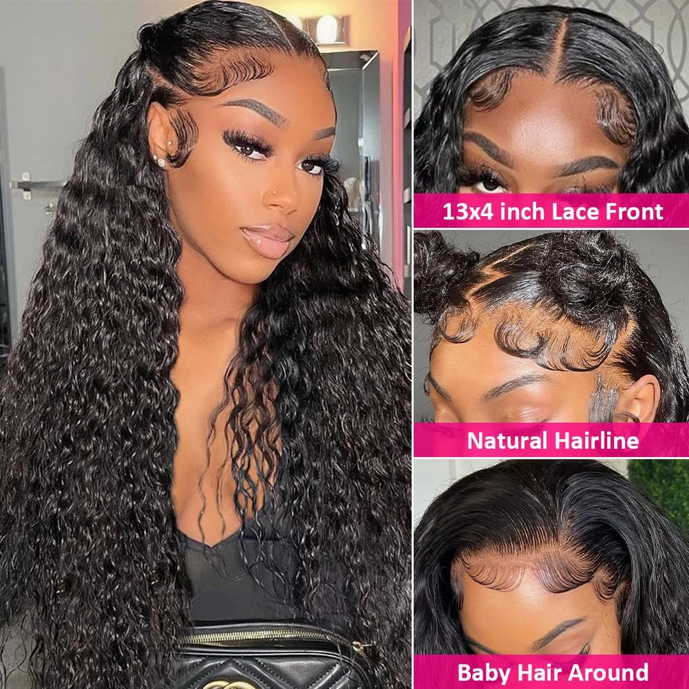 Water Wave Lace Front Wigs Human Hair Pre Plucked with Baby Hair 220% Density 13x4 HD Transparent Lace Frontal Wigs Human Hair Glueless Lace Frontal Wigs Natural Black 22 inch