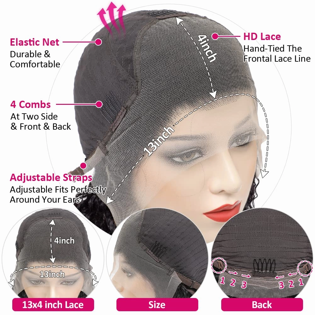 Water Wave Lace Front Wigs Human Hair Pre Plucked with Baby Hair 220% Density 13x4 HD Transparent Lace Frontal Wigs Human Hair Glueless Lace Frontal Wigs Natural Black 22 inch